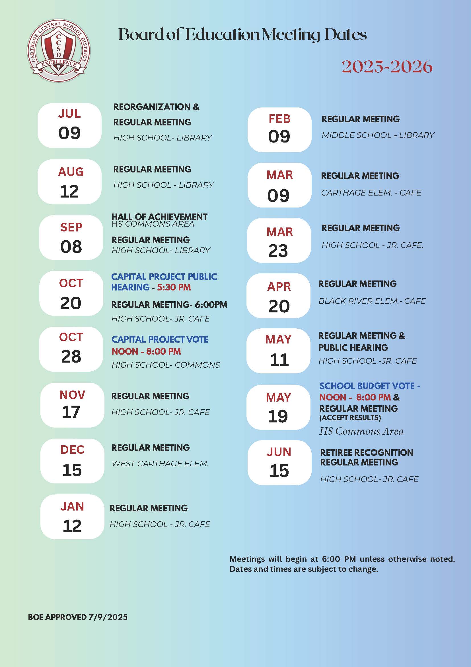 Board of Education Meeting Schedule 2025-2026